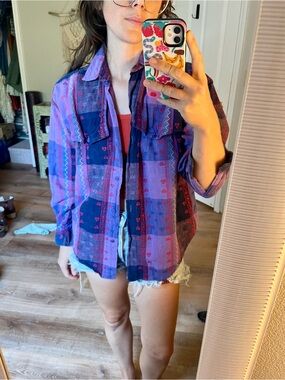 Women’s Purple Plaid Button-Up Shirt with Tiny Hearts